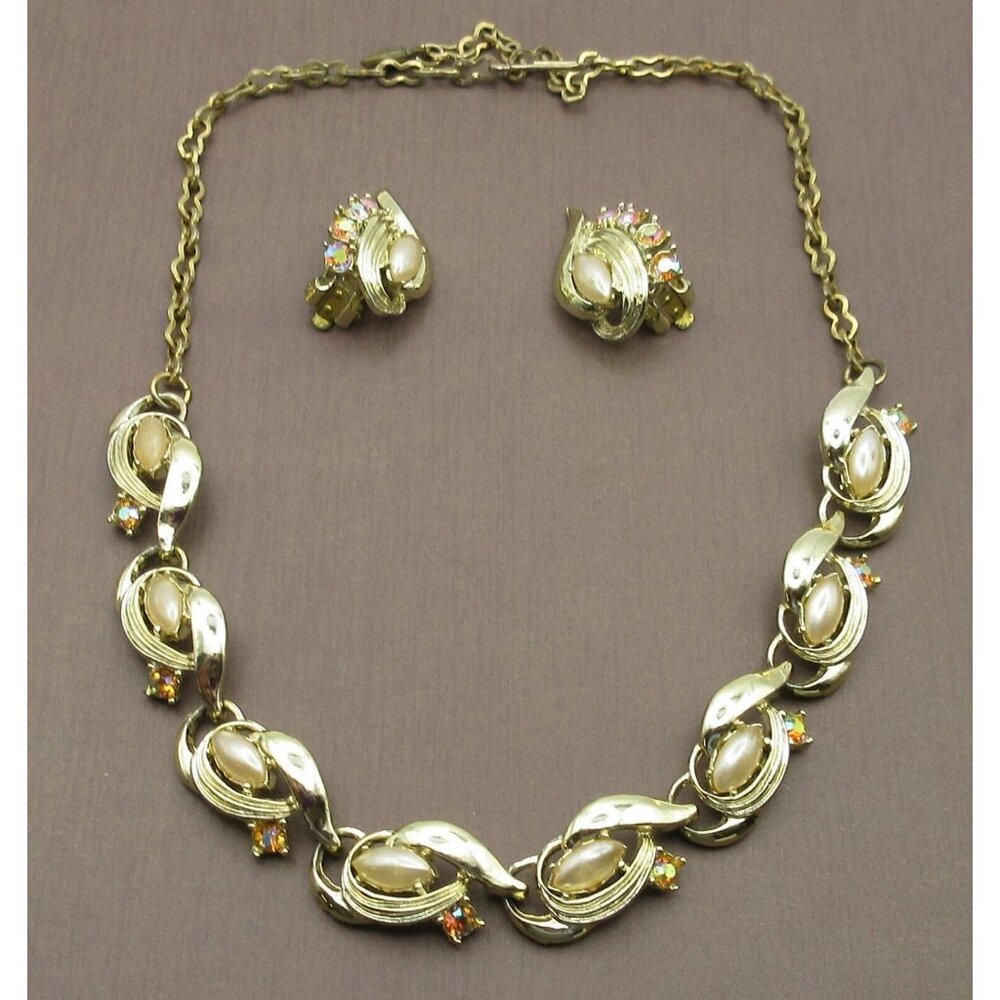 Vintage S&G 5th Ave Gold Tone Faux Pearl AB Stone Necklace Clip-on Earrings Set